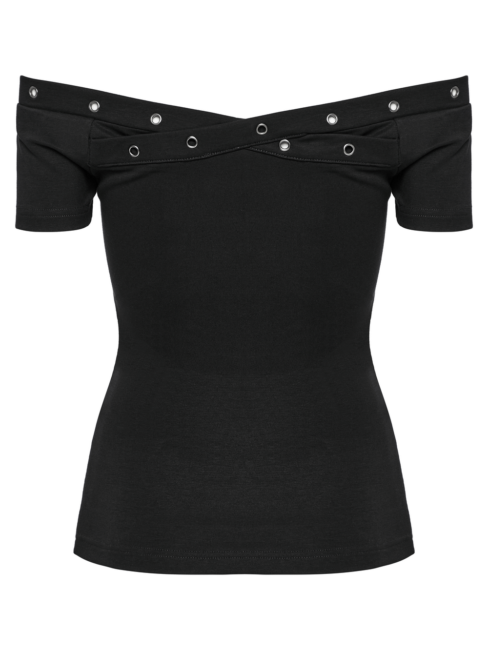 Stylish black off-shoulder t-shirt featuring eyelet details and a fitted silhouette, perfect for a goth-inspired look.