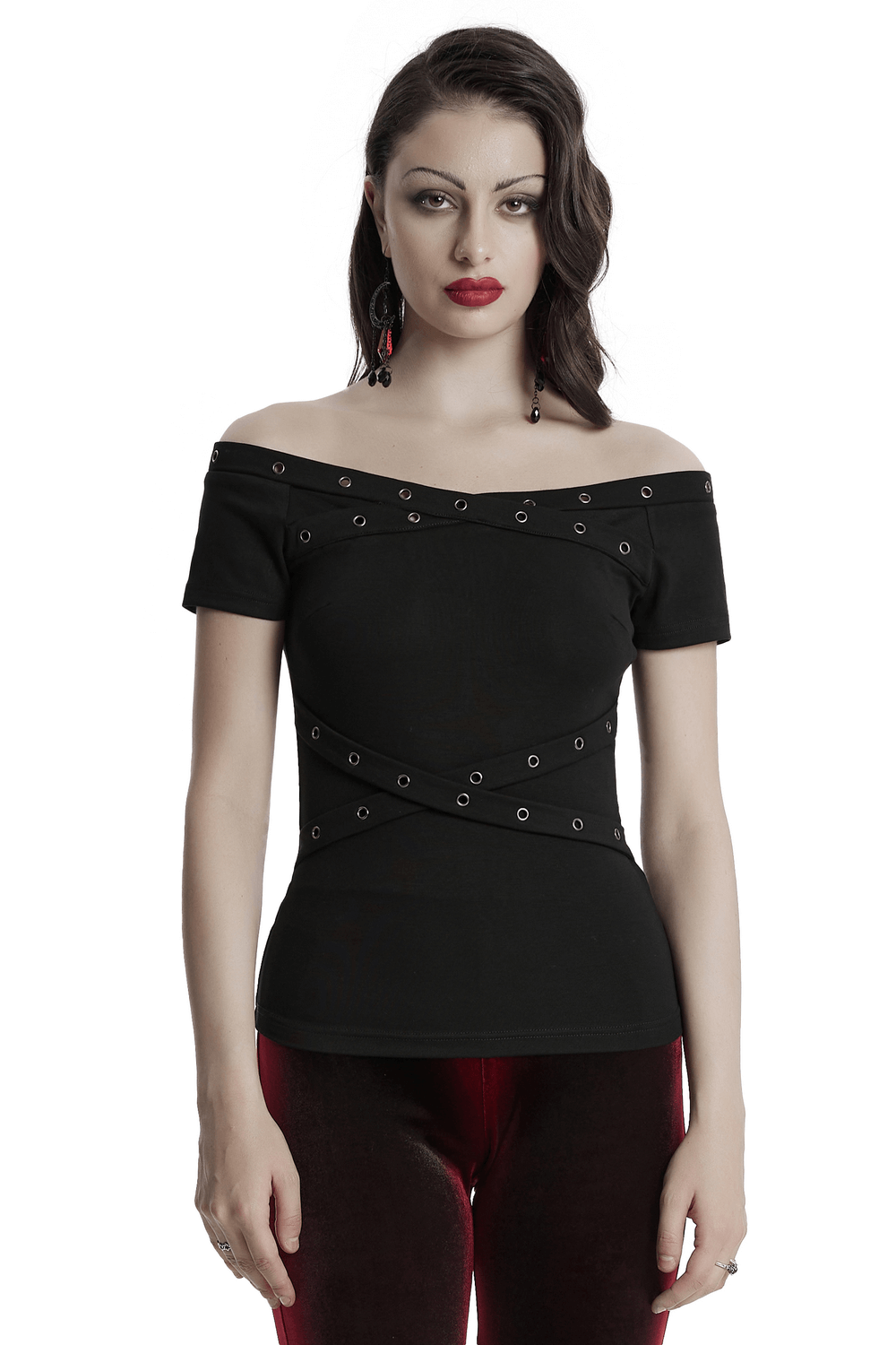 Stylish black off-shoulder t-shirt with eyelet details, perfect for a goth-inspired look.