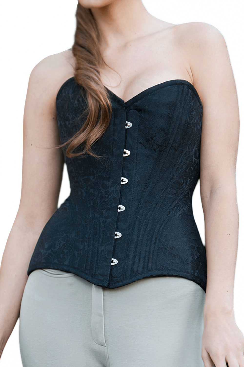 Stylish black overbust corset with steel boning, metal busk, and adjustable back lacing for a sculpted silhouette.