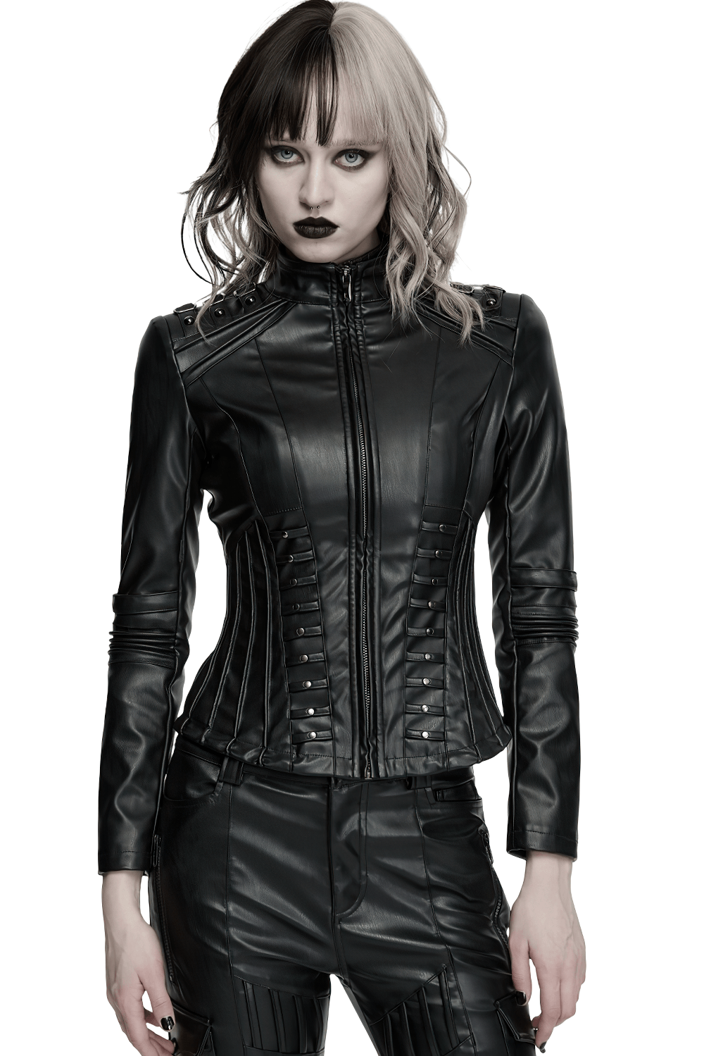 Élégante veste punk cyberpunk en similicuir noir