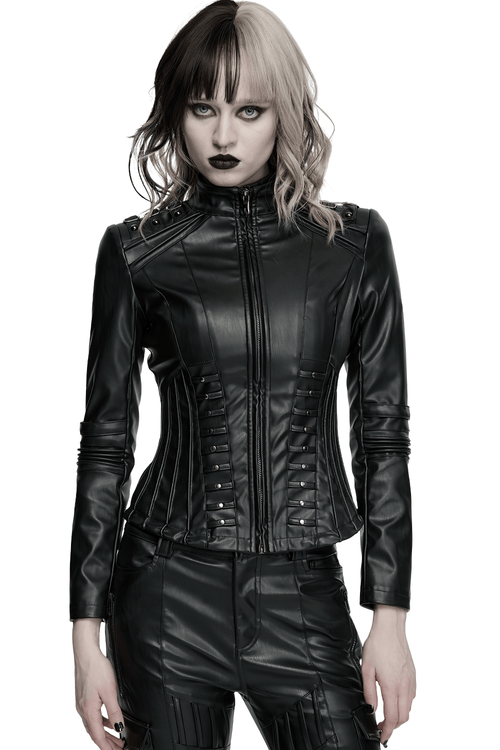 Stylische schwarze Cyberpunk-Punkjacke aus PU-Leder