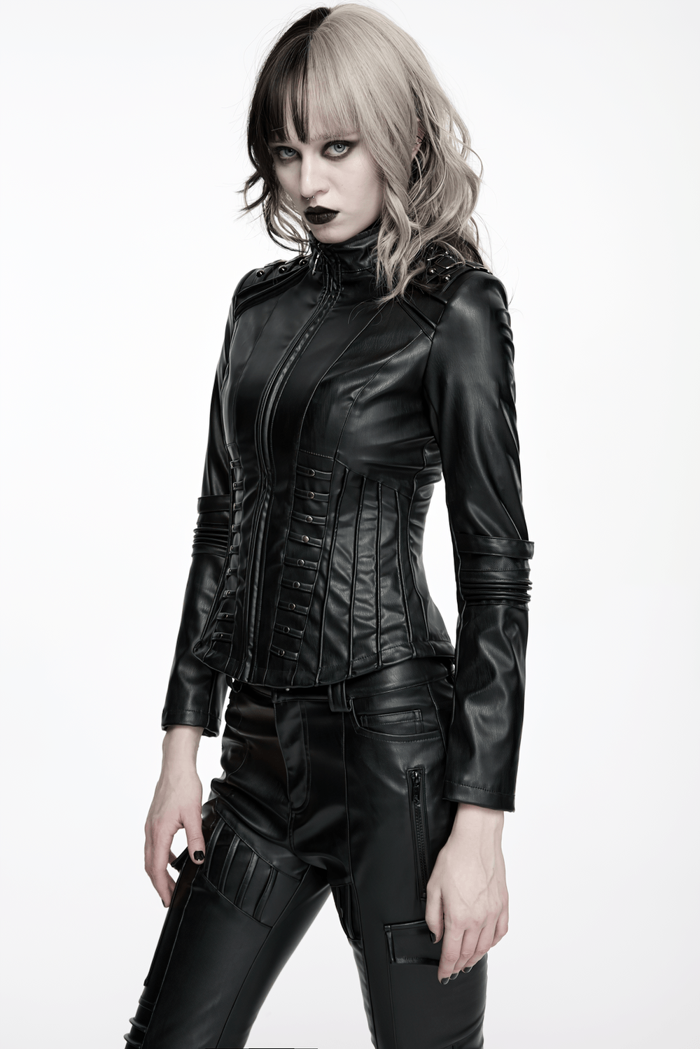 Élégante veste punk cyberpunk en similicuir noir