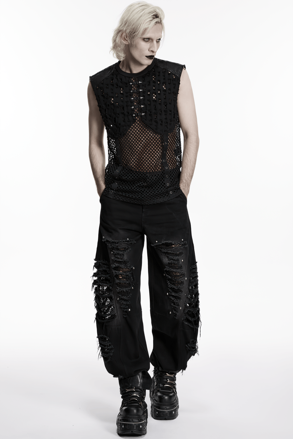 Stylish Black Punk Fishnet Waistcoat with Stud Details