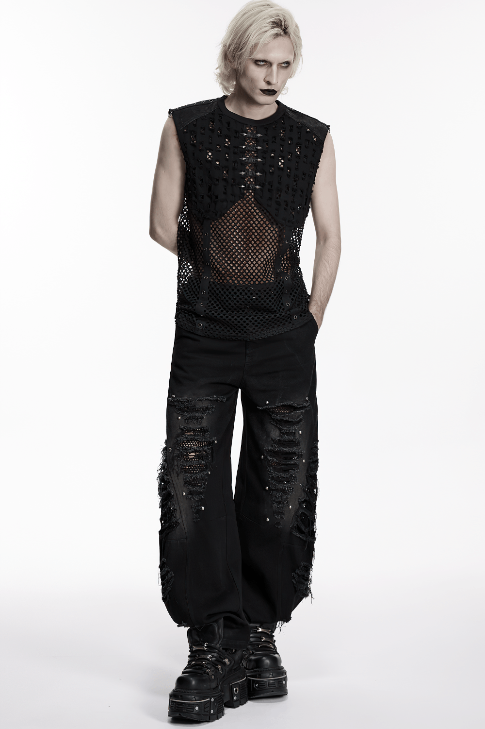 Stylish Black Punk Fishnet Waistcoat with Stud Details