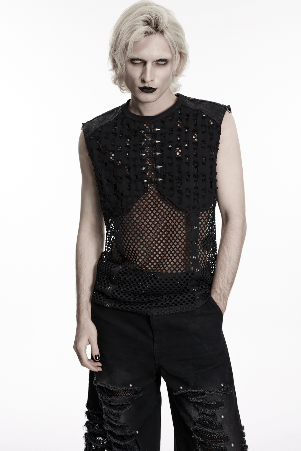 Stylish Black Punk Fishnet Waistcoat with Stud Details
