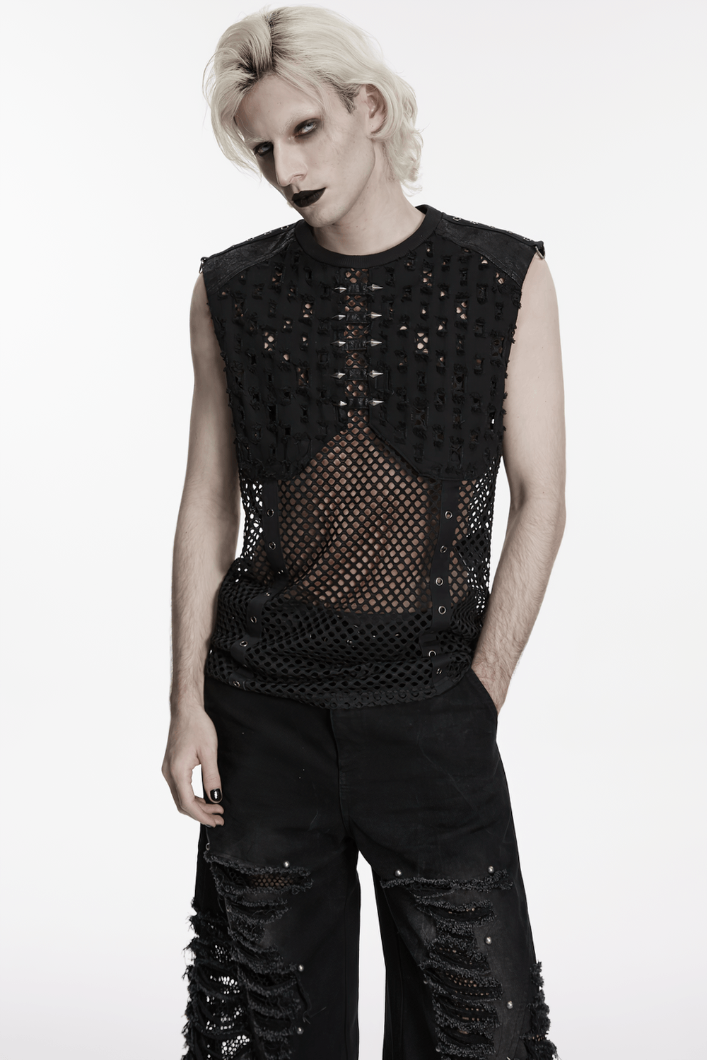 Stylish Black Punk Fishnet Waistcoat with Stud Details