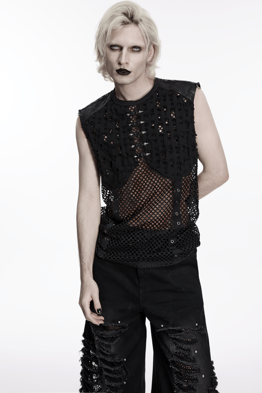 Stylish Black Punk Fishnet Waistcoat with Stud Details