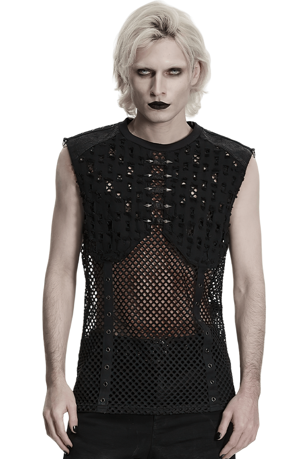 Stylish Black Punk Fishnet Waistcoat with Stud Details