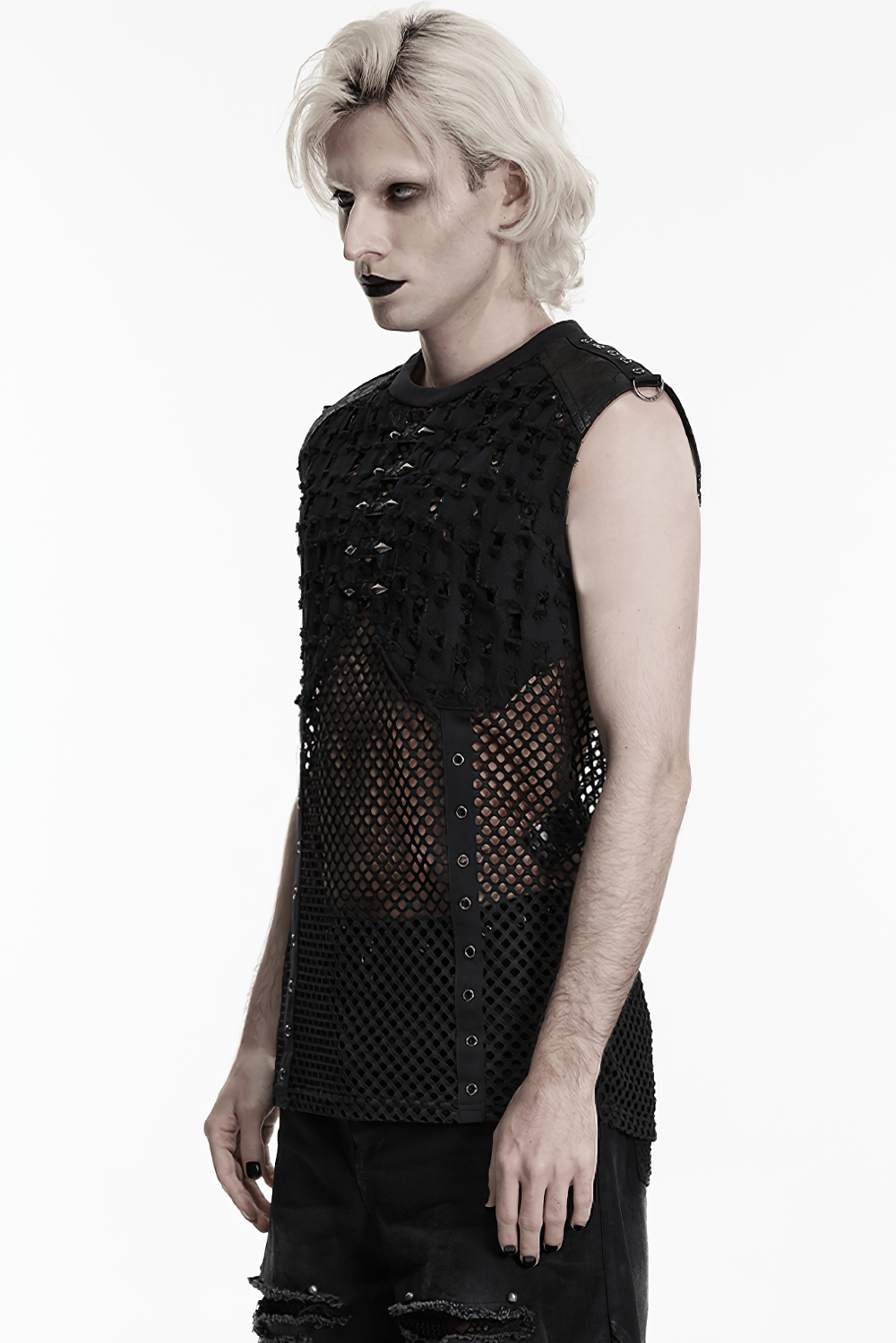 Stylish Black Punk Fishnet Waistcoat with Stud Details