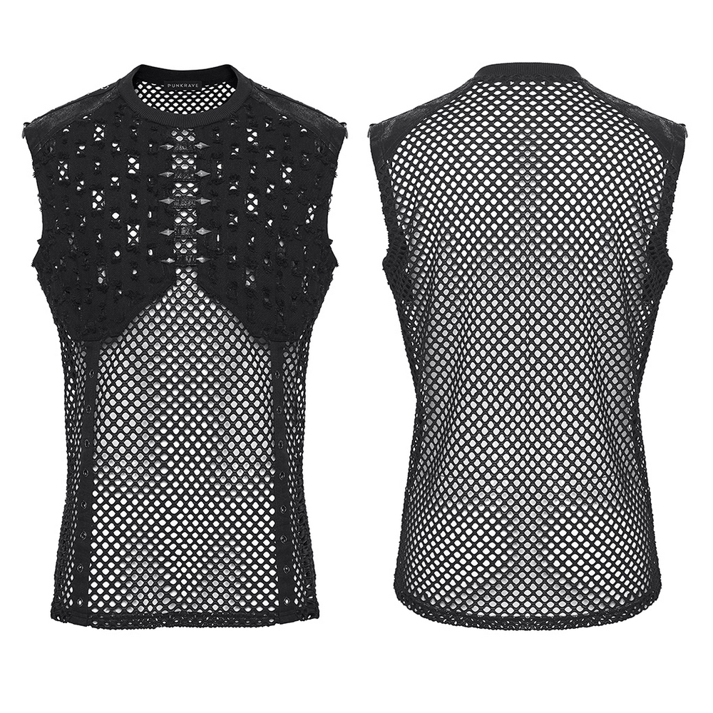 Stylish Black Punk Fishnet Waistcoat with Stud Details