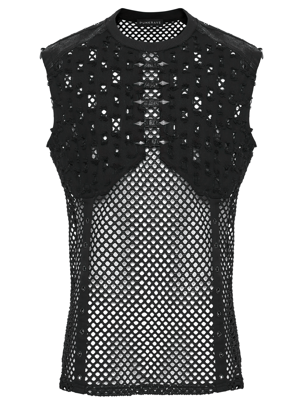Stylish Black Punk Fishnet Waistcoat with Stud Details