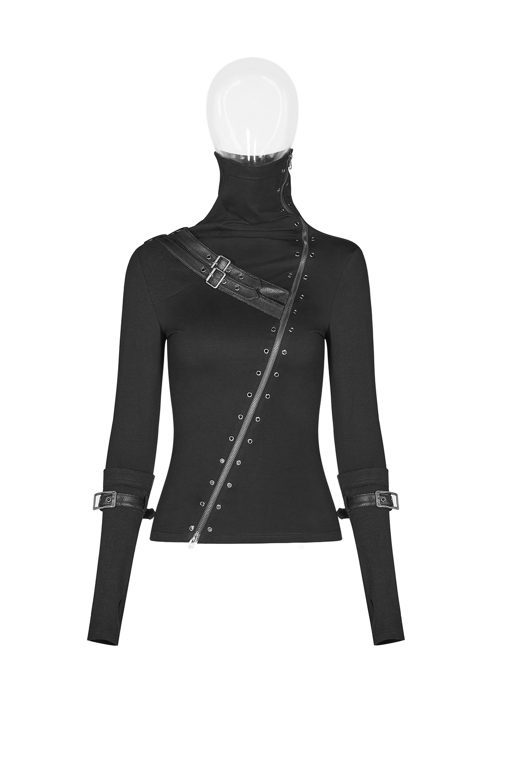 Stylish black punk turtleneck zipper top with eyelet detailing and adjustable straps for an edgy look.