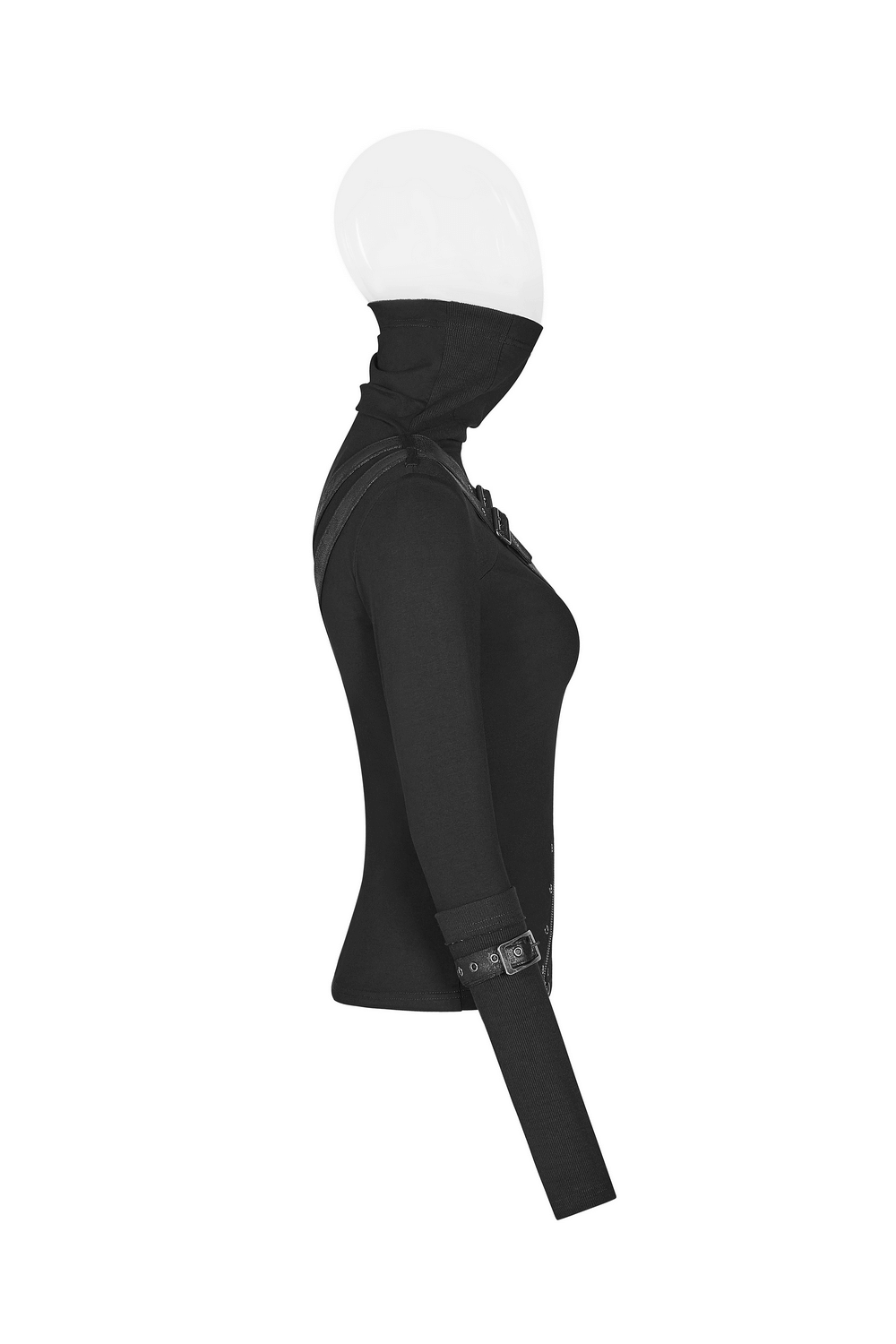 Stylish black punk turtleneck with zipper and eyelet detailing, showcasing a slim fit and high collar, perfect for a rockstar look.