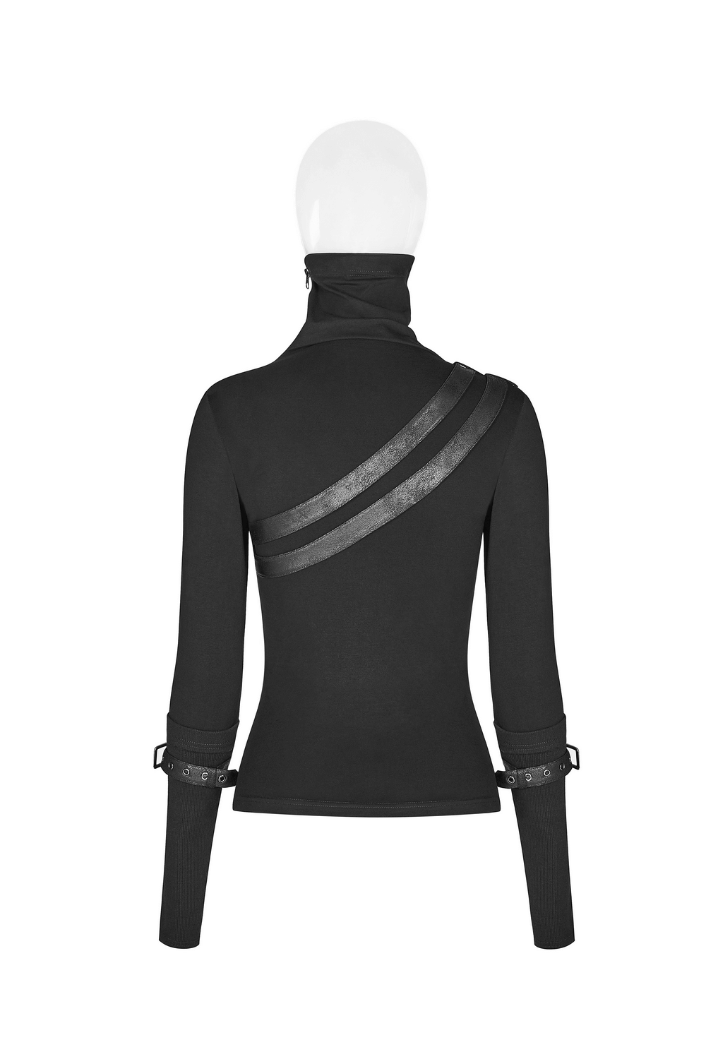 Back view of a stylish black punk turtleneck with eyelet detailing and a sleek, edgy design.