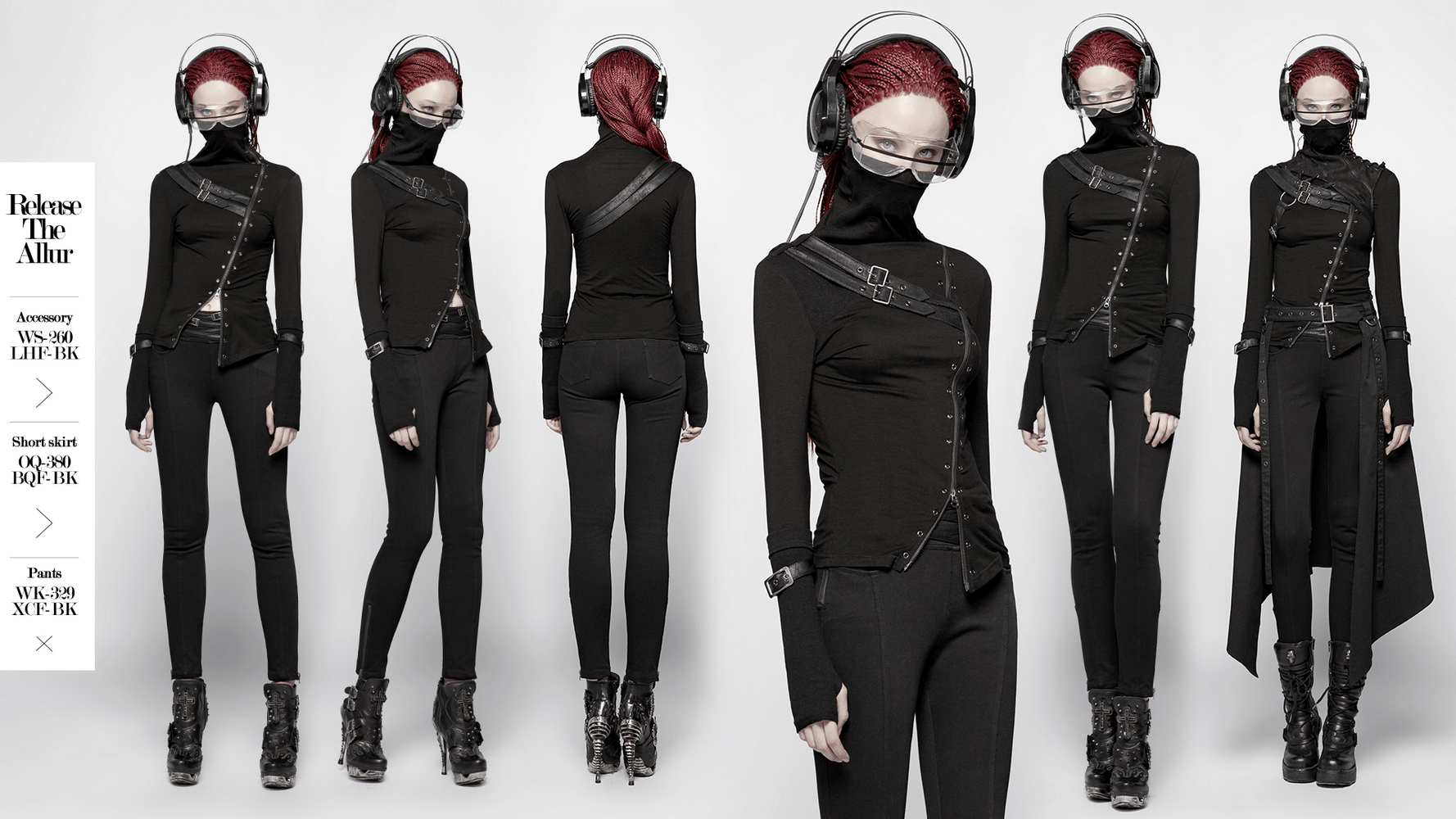 Stylish black punk turtleneck top with unique zipper and eyelet details, modeled with edgy accessories.
