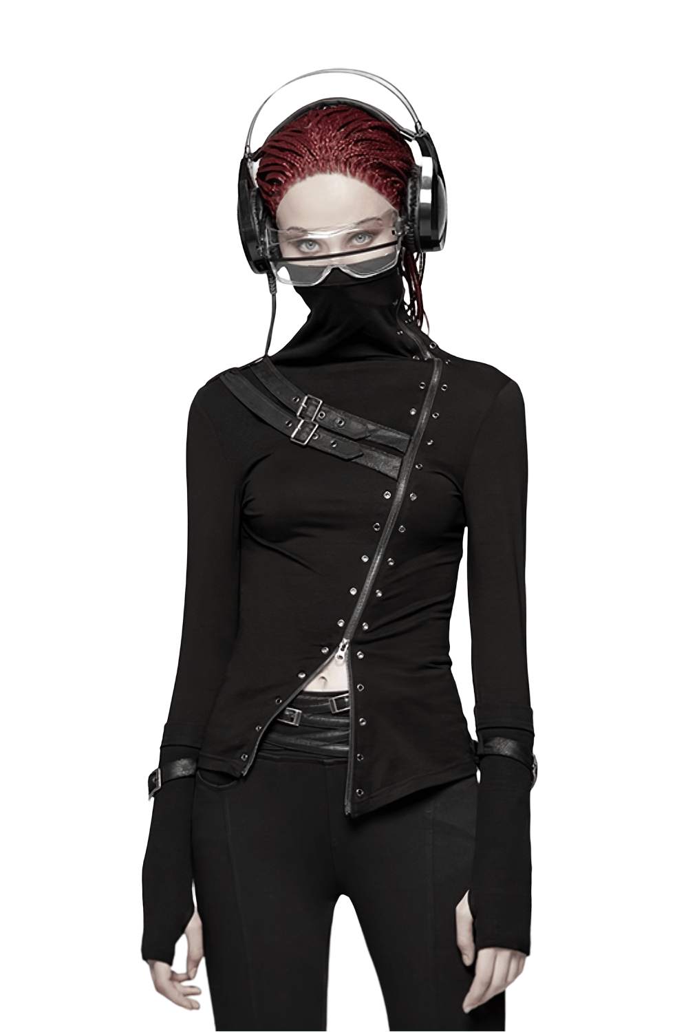 Stylish black punk turtleneck top with two-way zipper, eyelet detailing, and headphones, perfect for rockstar vibes.