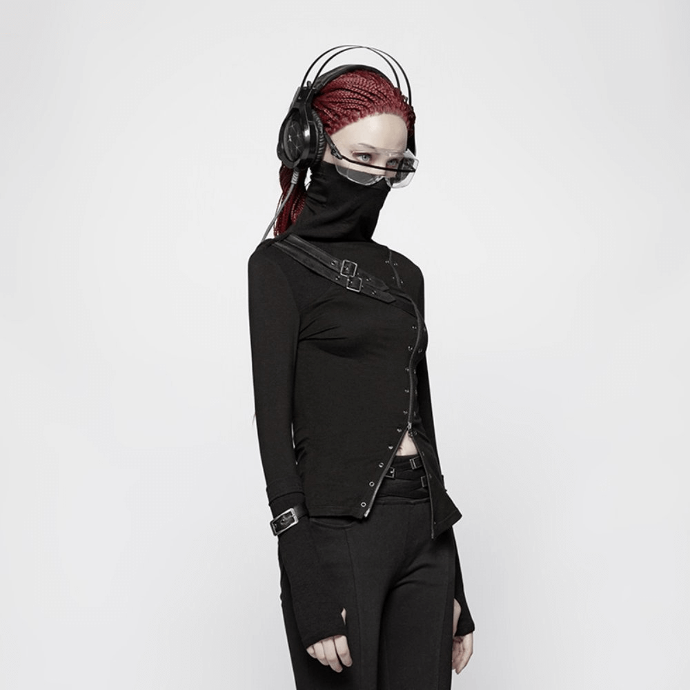 Stylish black punk turtleneck with two-way zipper and eyelet details, perfect for a bold rockstar look.
