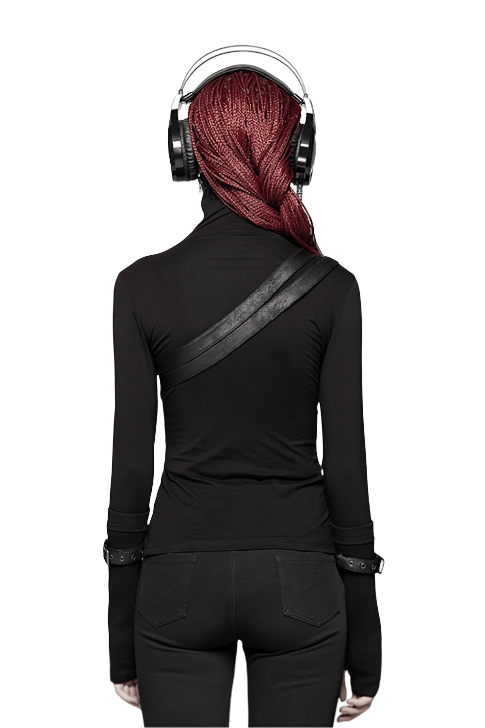 Back view of a model in a stylish black punk turtleneck with headphones, showcasing edgy design and sleek fit.
