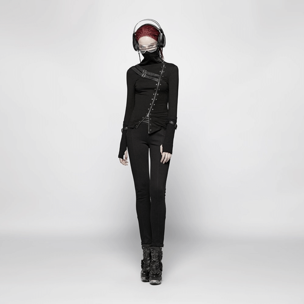 Model in stylish black punk turtleneck with zipper and eyelet details, showcasing a bold rock-inspired look.