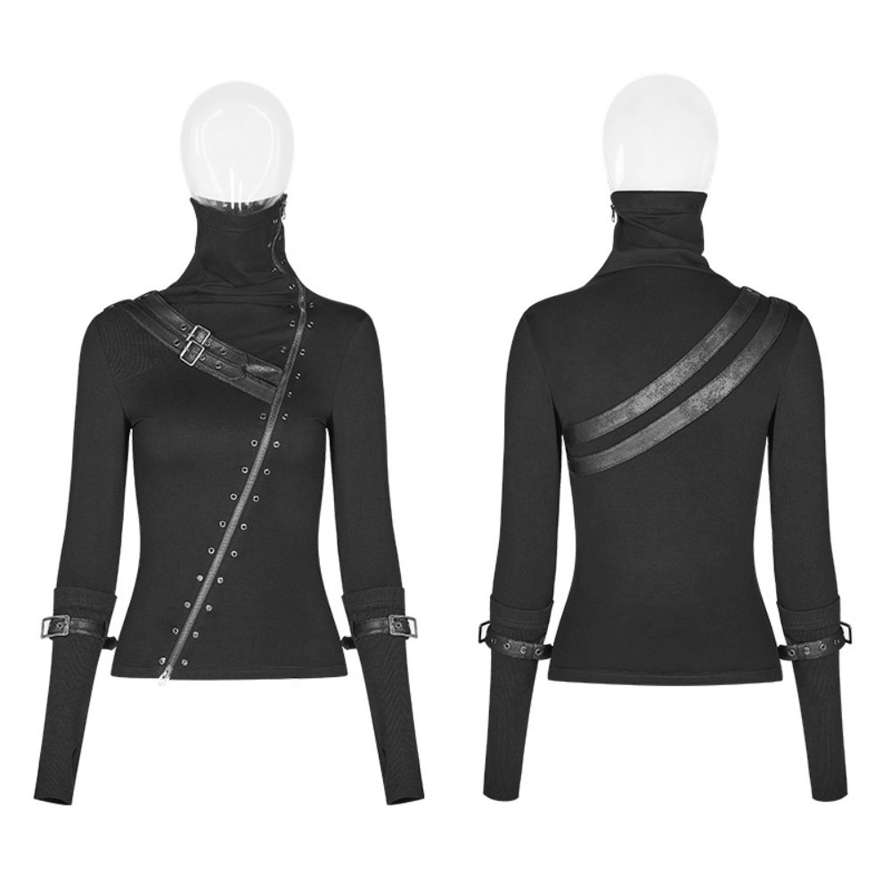 Stylish black punk turtleneck top with zipper and eyelet details, featuring a unique strappy design.