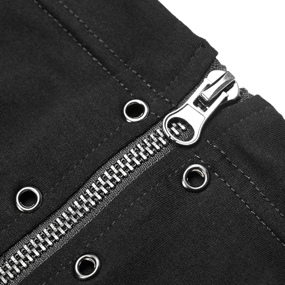 Close-up of stylish black punk turtleneck with two-way zipper and eyelet detailing for an edgy look.