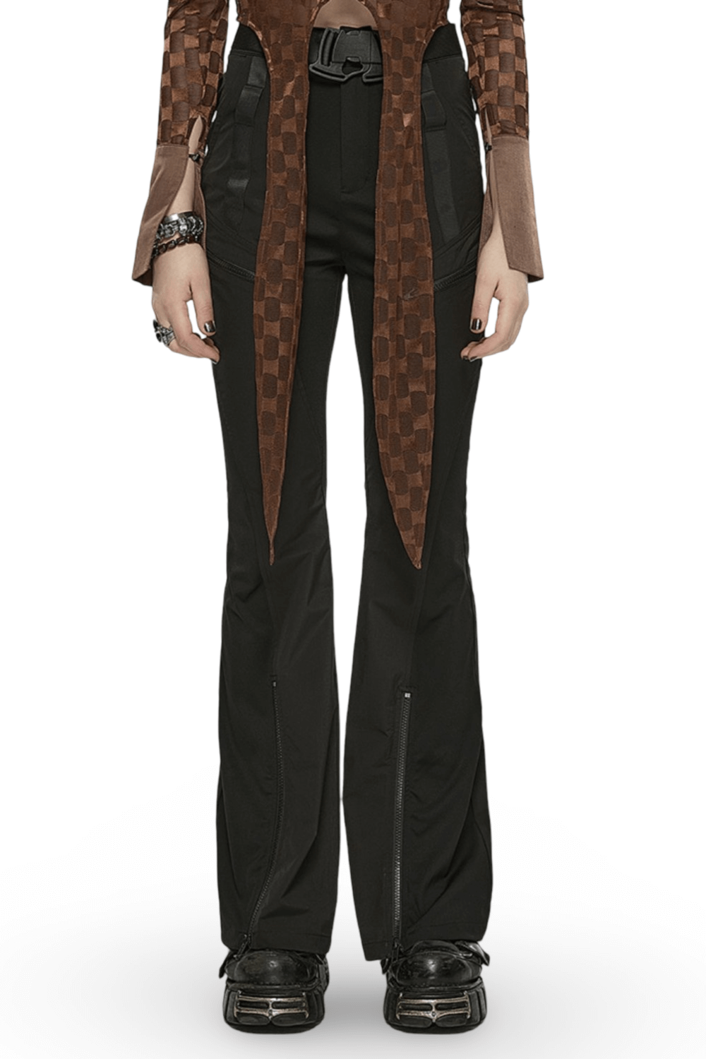 Stylish black punk tech splice flared cargo pants with convertible legs and belt, perfect for versatile techwear looks.