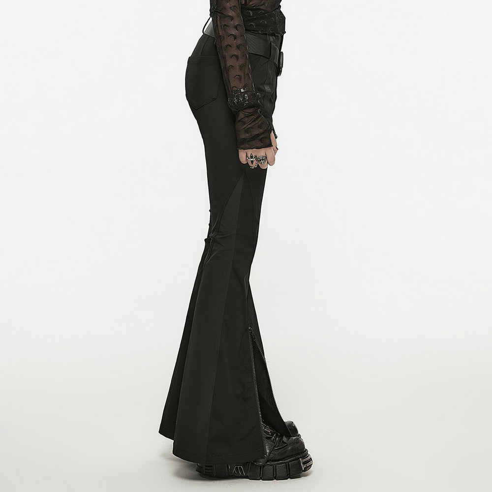 Side view of stylish black punk tech splice flared cargo pants with convertible legs, showcasing sleek design and webbing details.