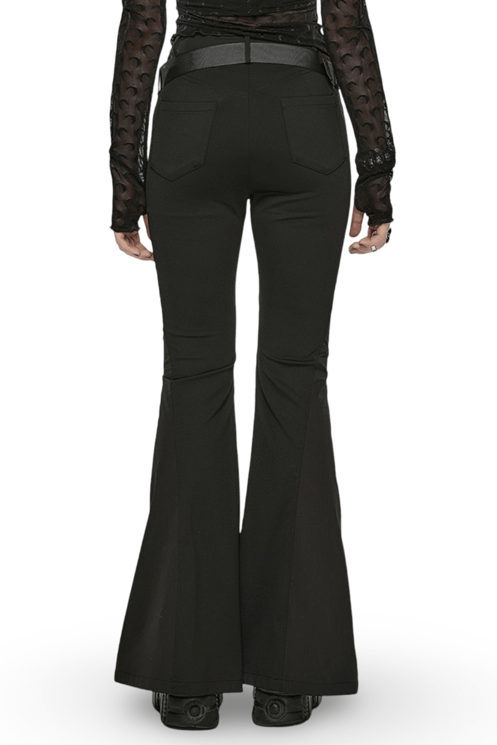 Rear view of stylish black punk tech splice flared cargo pants showcasing convertible legs and stylish belt.