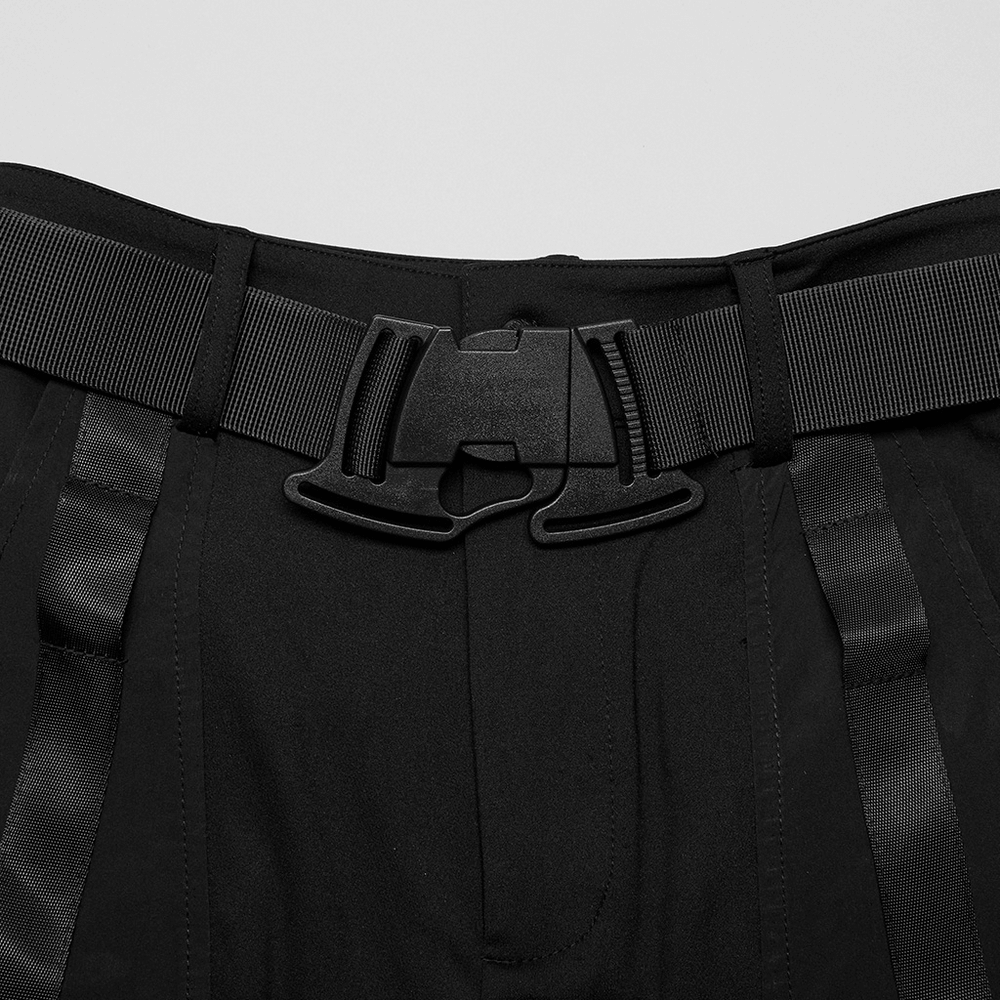 Close-up of stylish black techwear belt on cargo pants showcasing durable design and sleek buckle.
