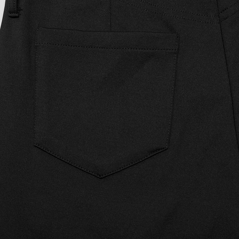 Close-up of stylish black cargo pants pocket showcasing sleek fabric and minimalist design details.