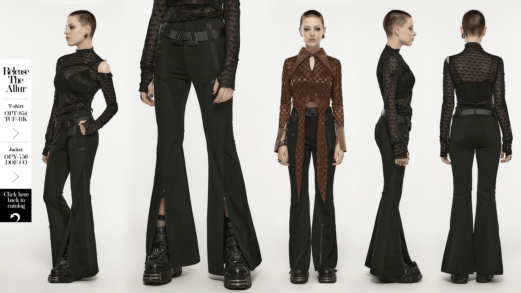 Stylish black punk tech splicing flared cargo pants featuring convertible legs and webbing details.