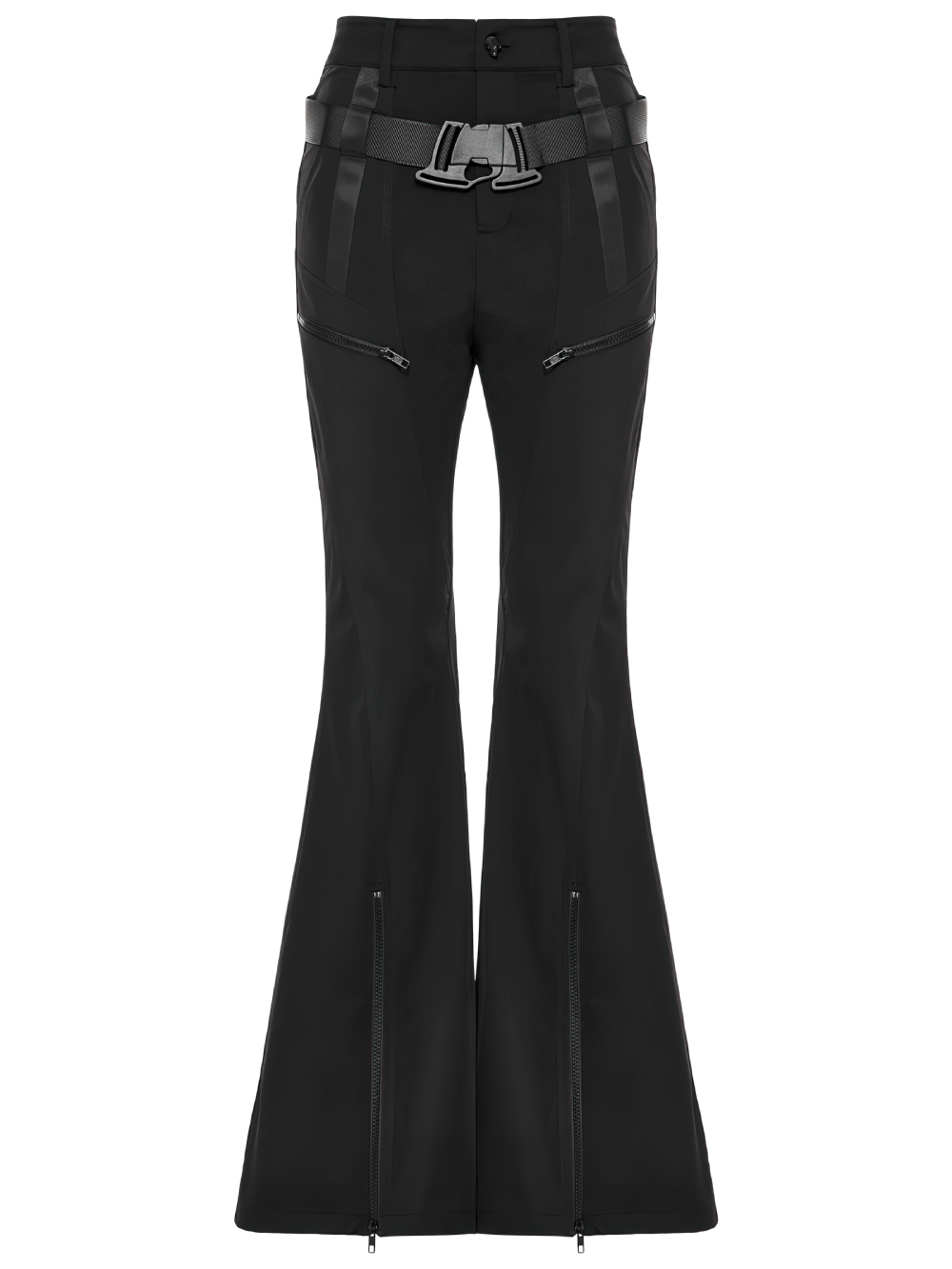 Stylish black punk tech splice flared cargo pants with convertible legs and webbing belt.