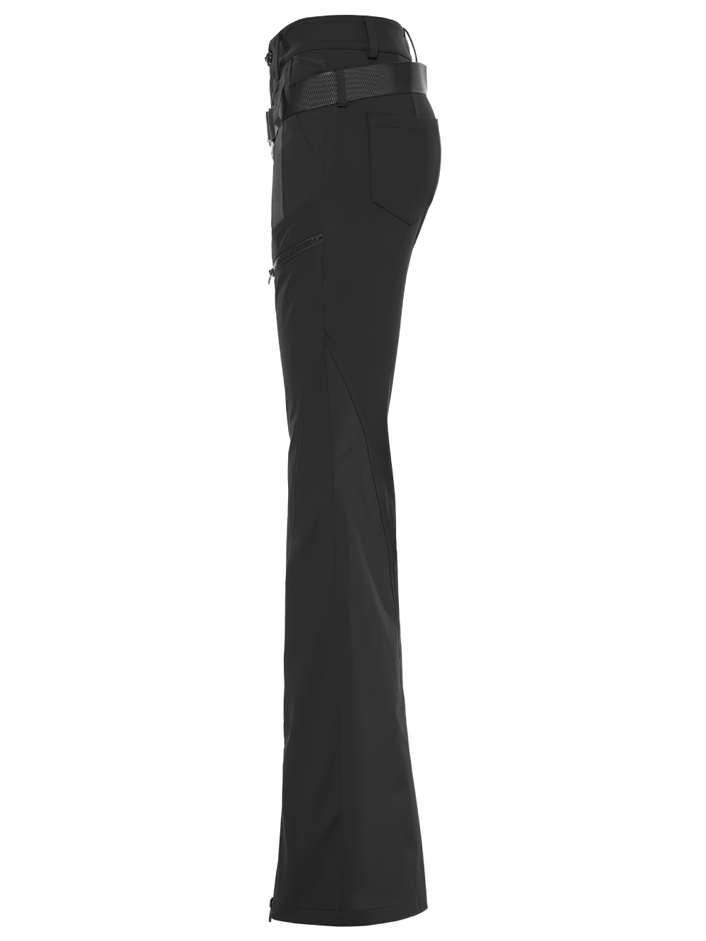 Side view of stylish black punk tech splice flared cargo pants with webbing and convertible legs.