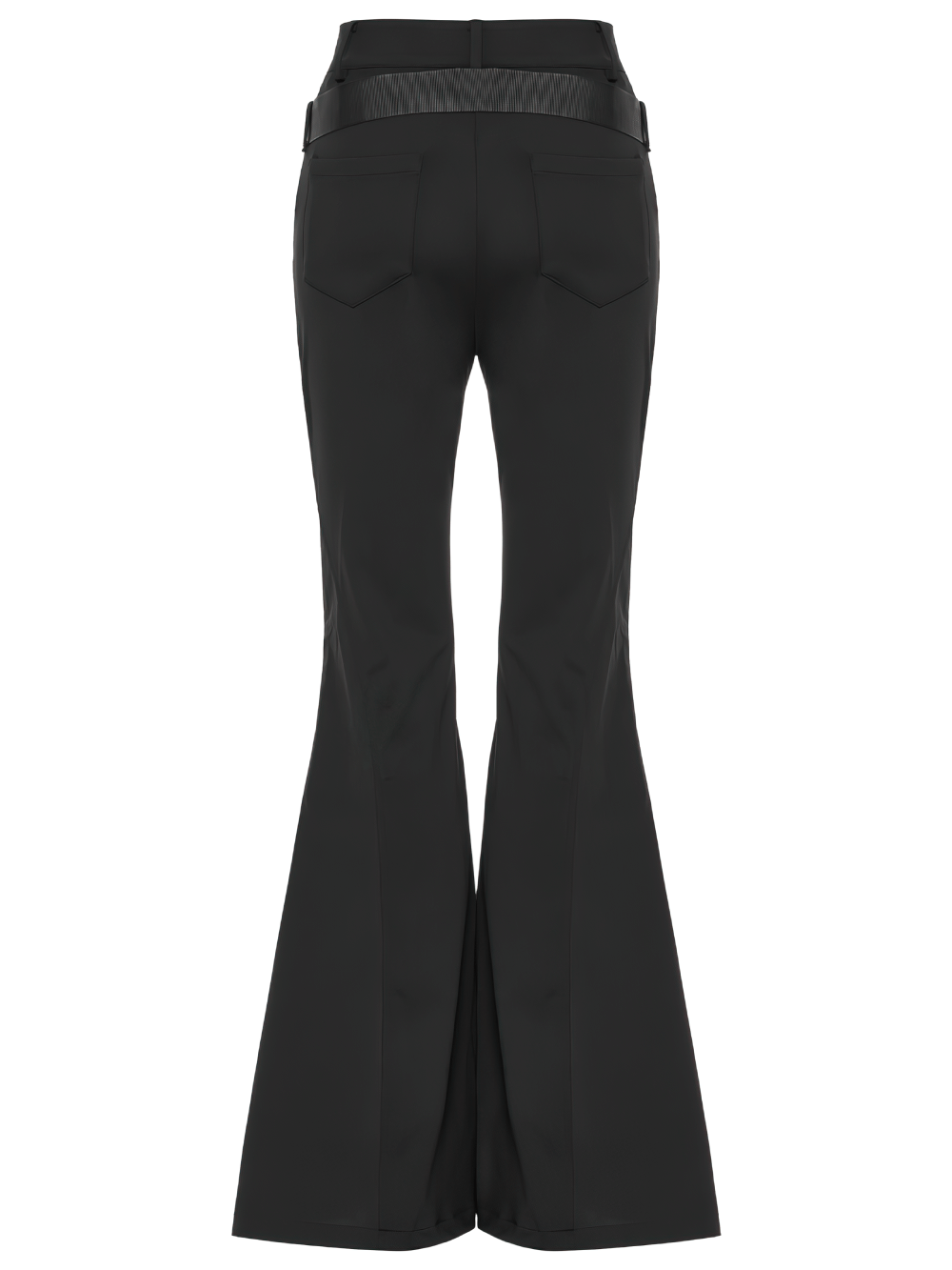 Back view of stylish black punk techwear splice flared cargo pants with convertible legs and sleek waist detail.