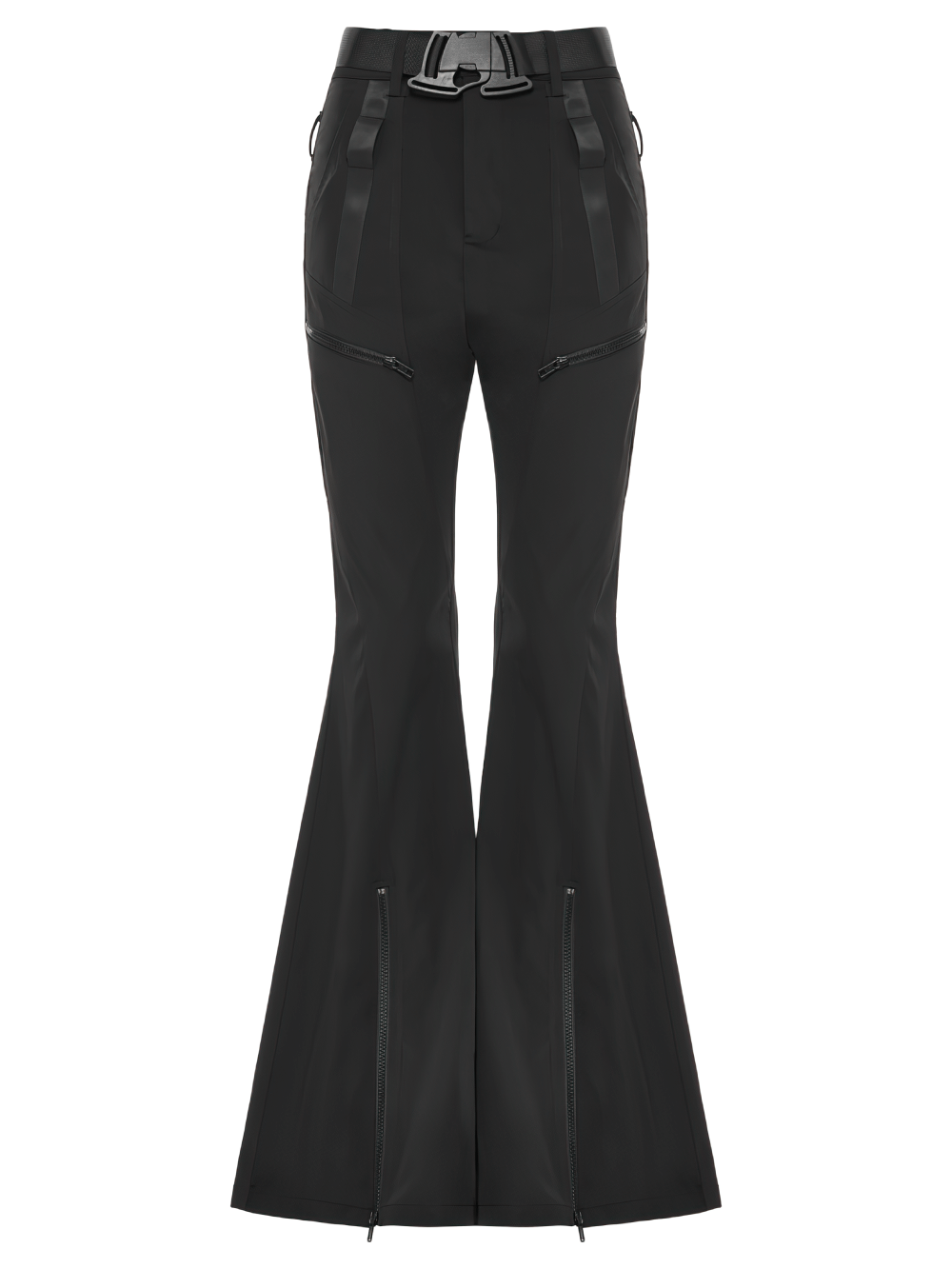 Stylish black flared cargo pants with techwear splicing and convertible legs, featuring webbing and zippers.