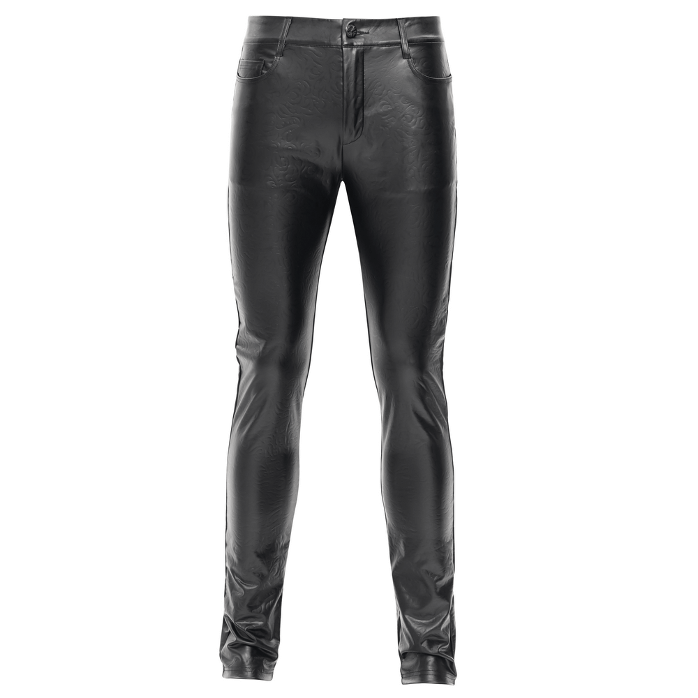 Stylish black slim fit stretch leather trousers for men with classic five-pocket design and modern silhouette.