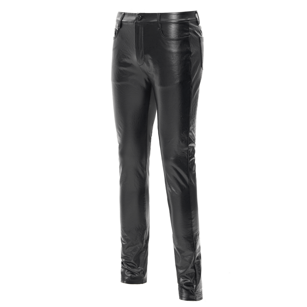 Stylish black slim fit stretch leather trousers for men, perfect for a night out or a rock-inspired look.