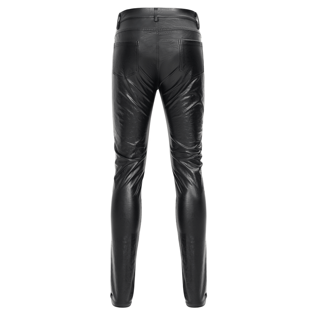 Back view of stylish black slim fit stretch leather trousers for men, showcasing sleek design and five-pocket styling.