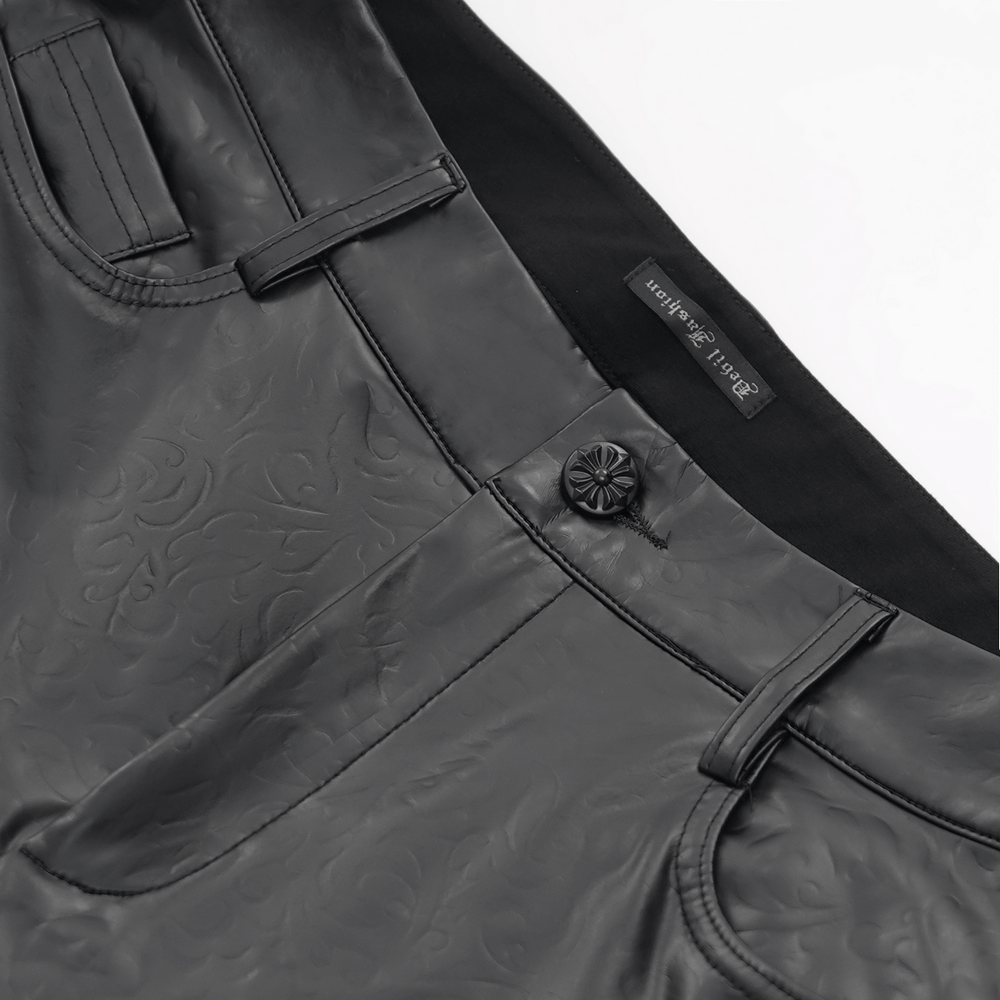 Stylish black slim fit stretch leather trousers for men, featuring classic pockets and intricate texture, perfect for a modern look.