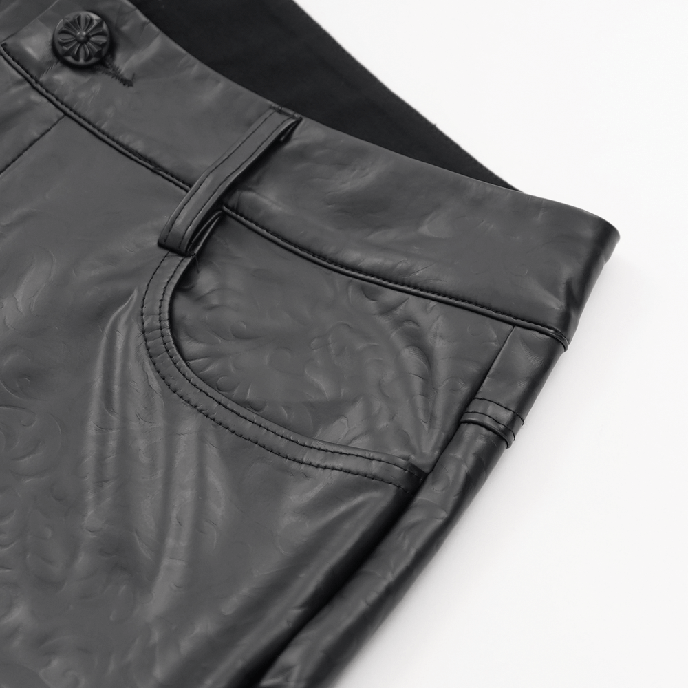 Stylish black slim fit stretch leather trousers for men with detailed pocket design. Perfect for a modern, edgy look.