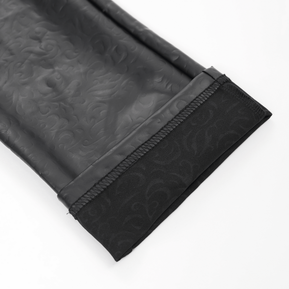 Close-up of stylish black slim fit stretch leather trousers for men showcasing intricate texture and modern design.