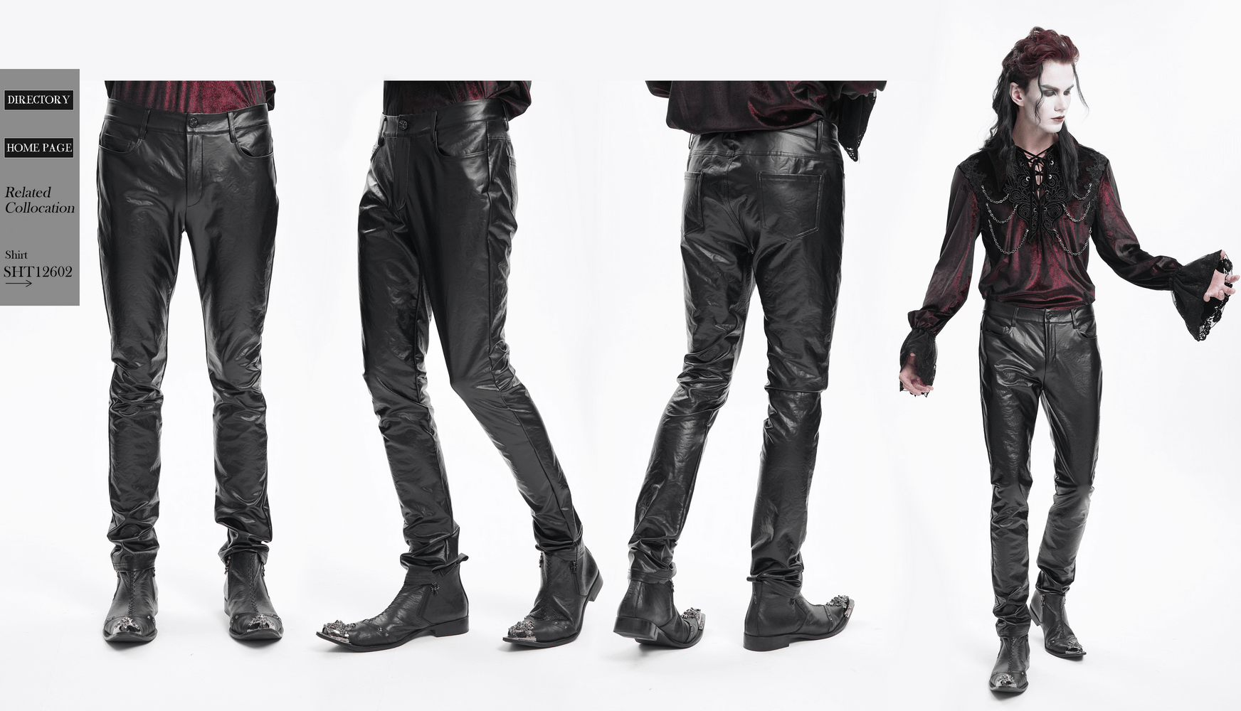 Stylish black slim fit stretch leather trousers for men, showcasing sleek design and modern rock-inspired style.