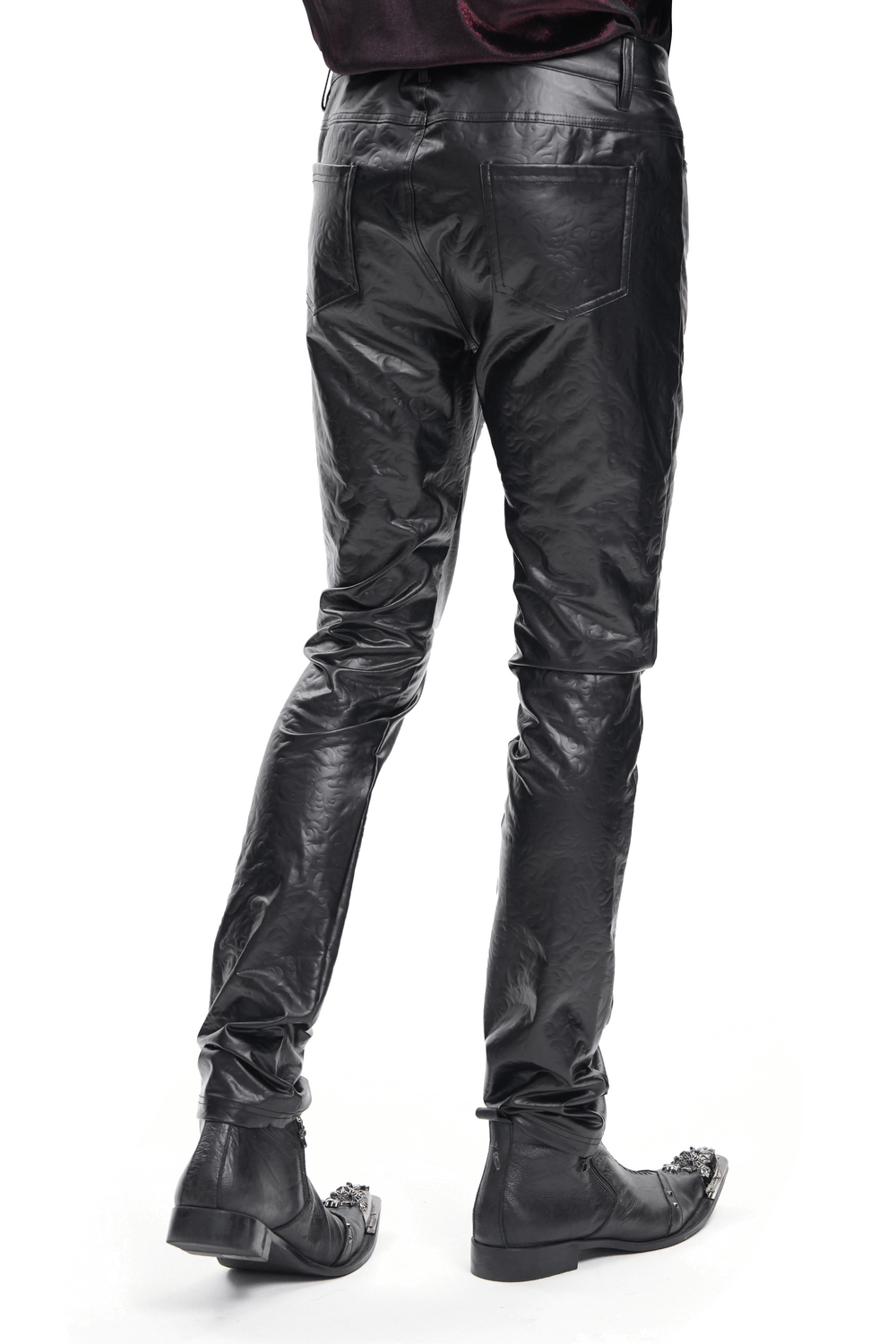 Men's stylish black slim fit stretch leather trousers with five-pocket design, shown from the back, perfect for a rock-inspired look.