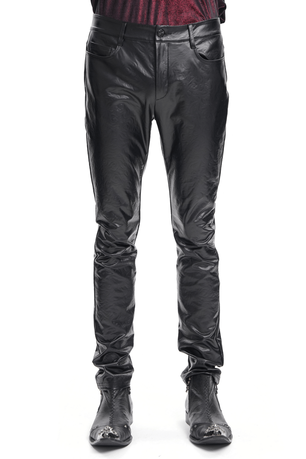 Stylish black slim fit stretch leather trousers for men, perfect for any edgy outfit or night out.