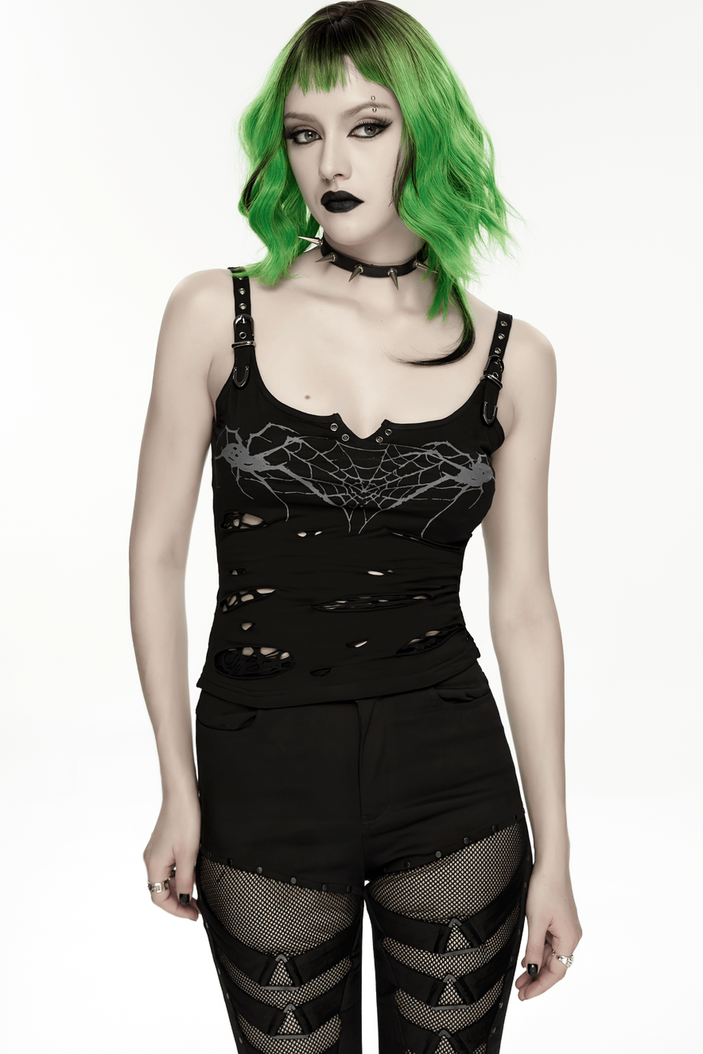Alt Tag: Stylish Black Spider Web Distressed Punk Camisole on model, gothic straps, tattered mesh holes, spiderweb print black punk top