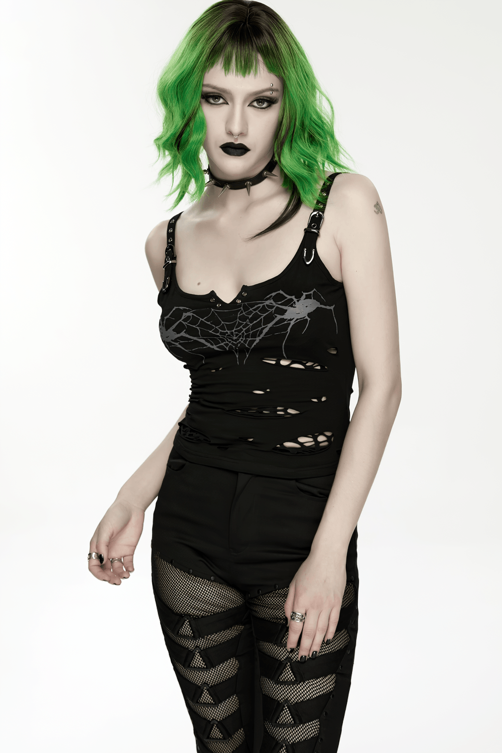 Alt Tag: Stylish Black Spider Web Distressed Punk Camisole on model, black tattered mesh punk cami top with gothic straps and spiderweb print