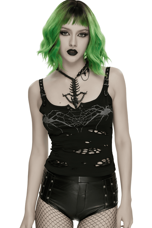 Camiseta de Tirantes Punk Negra con Diseño de Telaraña Estilosa y Desgastada