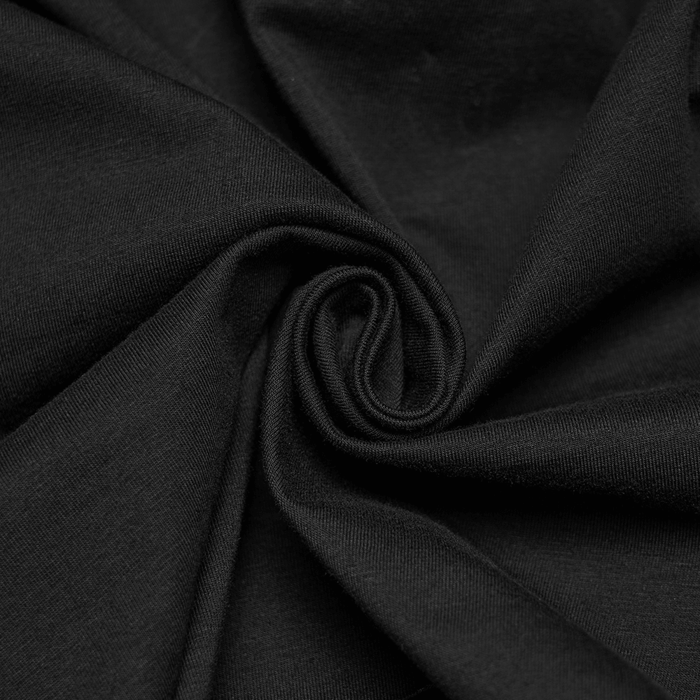 Alt Tag: Stylish Black Spider Web Distressed Punk Camisole black elastic knit fabric close-up, soft stretch texture for gothic punk tattered cami