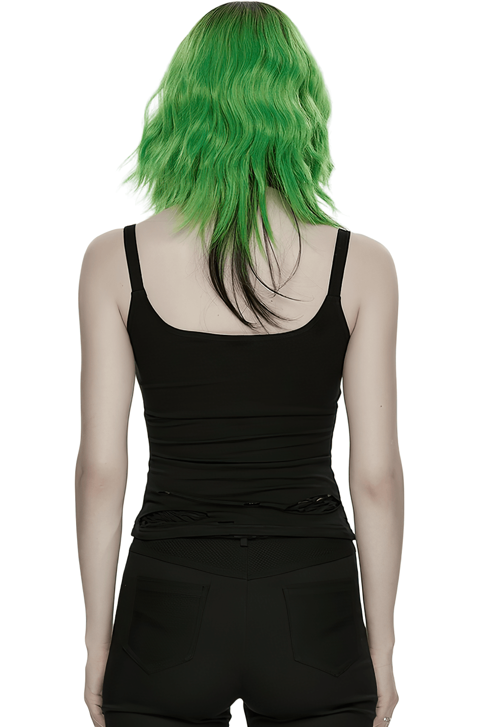 Alt Tag: Stylish Black Spider Web Distressed Punk Camisole back view, gothic strap black punk cami top with adjustable shoulder straps