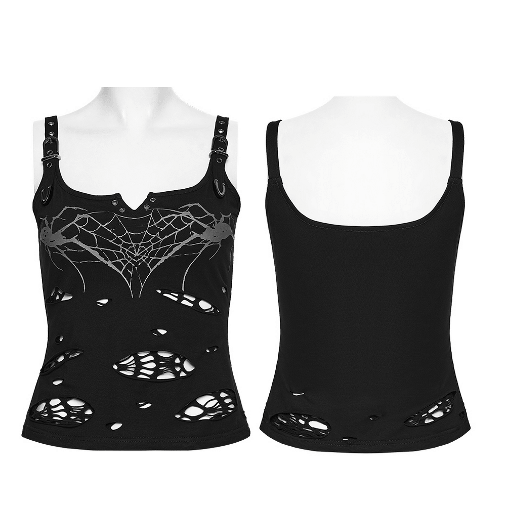 Alt Tag: Stylish Black Spider Web Distressed Punk Camisole black tattered mesh punk cami top with gothic straps, metal loops, front and back view